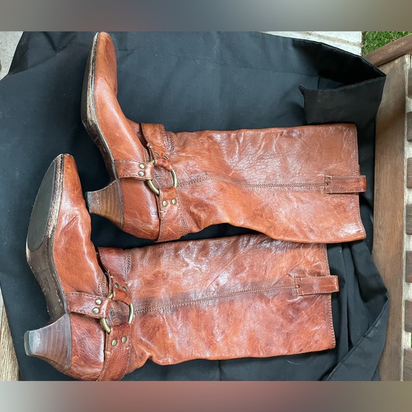 Frye Steffi Harness Crinkled Leather Moto Knee High Tall Kitten Heel Boots 6.5 - Picture 16 of 16